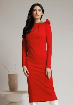 Rochie eleganta din stofa rosie cu brosa si funda la umar imagine