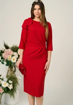 Rochie eleganta din stofa rosie cu funda maxi pe umar si fronseu in talie imagine