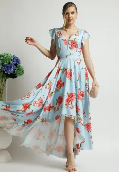 Rochie eleganta lunga din tafta bleu cu imprimeu si cordon in talie imagine