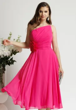 Rochie eleganta midi din voal fucsia cu floare in talie imagine