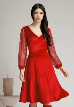 Rochie Ella Collction Carmen eleganta din catifea rosie cu glitter pe maneci imagine