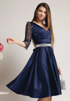 Rochie Ella Collection Adria eleganta din tafta bleumarin cu cordon in talie imagine