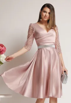 Rochie Ella Collection Adria eleganta din tafta roz cu cordon in talie imagine