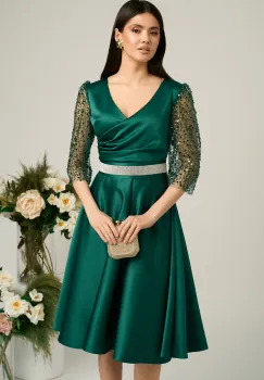 Rochie Ella Collection Adria eleganta din tafta verde cu cordon in talie imagine