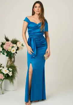 Rochie Ella Collection Aivy lunga eleganta din tafta albastru petrol imagine