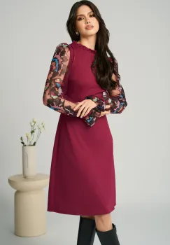 Rochie Ella Collection Iasmin eleganta din stofa mageanta cu broderie pe maneci imagine