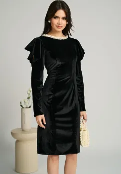 Rochie Ella Collection Linda eleganta din catifea neagra cu perle la decolteu imagine