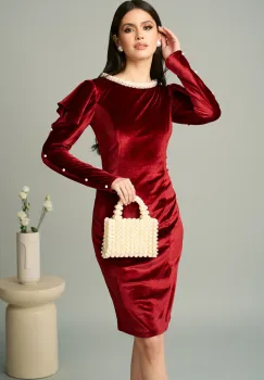 Rochie Ella Collection Linda eleganta din catifea rosie cu perle la decolteu imagine