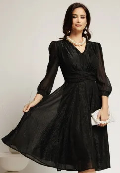 Rochie Gina midi neagra din voal cu fir lurex in clos imagine