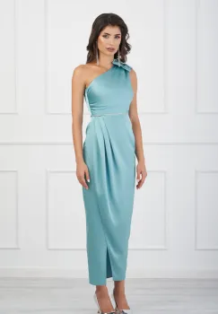 Rochie Ginette verde mint cu floare pe umar si strasuri in talie imagine