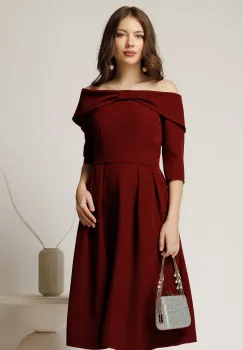 Rochie Irene midi bordo in clos cu umerii goi si funda la bust imagine