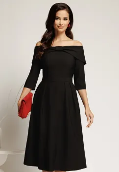 Rochie Irene midi neagra in clos cu umerii goi si funda la bust imagine