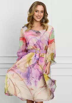 Rochie Jasmine mov din voal cu imprimeuri galben si curea in talie imagine