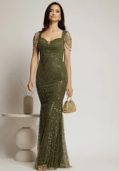 Rochie kaki de seara croi sirena cu aplicatii de paiete si margele imagine
