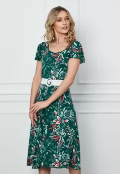 Rochie Karina verde cu flori rosii si curea in talie imagine