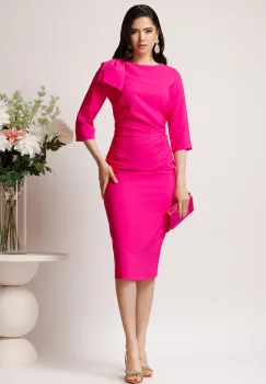 Rochie LaDonna eleganta din stofa fucsia cu funda maxi pe umar si fronseu in talie imagine