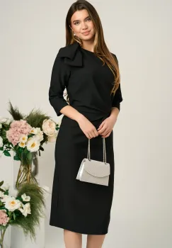 Rochie LaDonna eleganta din stofa neagra cu funda maxi pe umar si fronseu in talie imagine