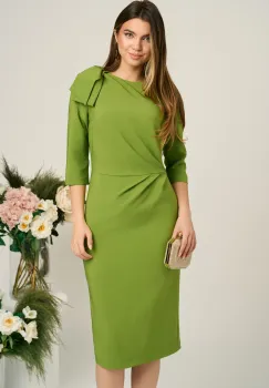 Rochie LaDonna eleganta din stofa verde cu funda maxi pe umar si fronseu in talie imagine