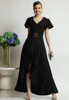 Rochie LaDonna lunga de ocazie din stofa neagra cu volane si cordon in talie imagine