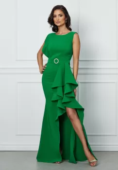 Rochie LaDonna lunga verde cu volan pe o parte si cordon in talie imagine