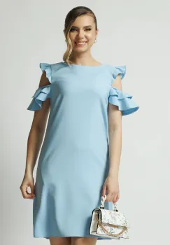 Rochie LaDonna office din stofa bleu cu volane la maneci imagine