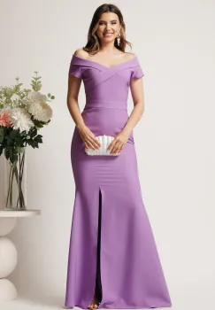 Rochie lila lunga din stofa cu decolteu barcuta si crapatura pe picior- LaDonna imagine