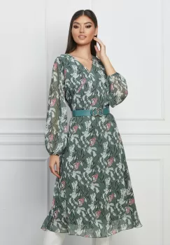 Rochie Loredana verde mint cu imprimeu si curea in talie imagine