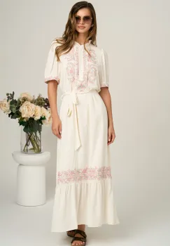 Rochie lunga alba din viscoza cu broderie pastelata si cordon in talie imagine