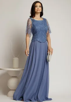 Rochie lunga bleu de seara din voal si aplicatii de paiete la bust imagine