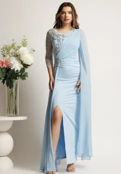Rochie lunga bleu din neopren cu strasuri si tull imagine