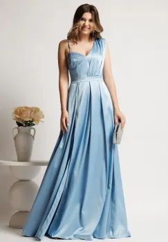 Rochie lunga bleu din tafta in clos cu strasuri la bust- Moze imagine