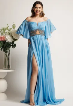 Rochie lunga bleu din voal in clos cu strasuri si tull in talie imagine