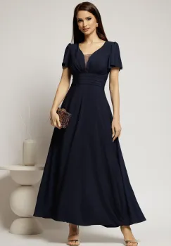 Rochie lunga bleumarin de ocazie cu decolteu adanc si maneci scurte evazate imagine