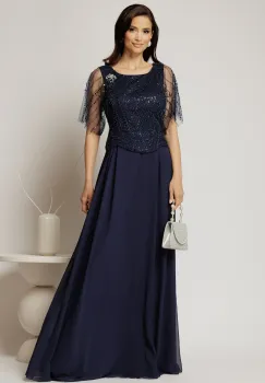 Rochie lunga bleumarin de seara din voal si aplicatii de paiete la bust imagine