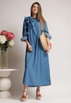 Rochie lunga casual din bumbac albastra cu dungi si funda imagine