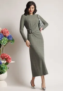 Rochie lunga casual din jerse kaki cu model si catarama in talie imagine