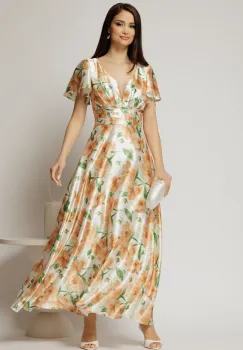 Rochie lunga de ocazie cu imprimeuri maro si verde din material satinat imagine