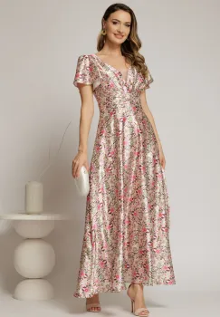 Rochie lunga de ocazie cu imprimeuri roz din material satinat imagine