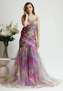 Rochie lunga de ocazie din tull mov cu imprimeuri galbene si floare maxi pe talie imagine