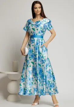 Rochie lunga de ocazie ivoar cu imprimeuri bleu imagine