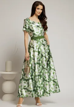 Rochie lunga de ocazie ivoar cu imprimeuri verde crud imagine