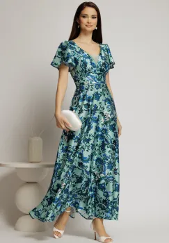 Rochie lunga de ocazie verde mint cu imprimeuri din material satinat imagine