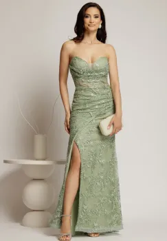 Rochie lunga din dantela verde menta croi sirena su bretele detasabile imagine