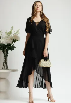 Rochie lunga eleganta din voal neagra cu insertii din fir lurex imagine