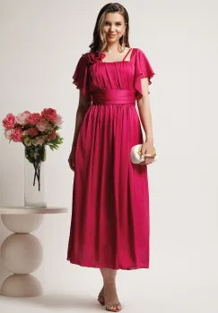 Rochie lunga fucsia in clos din voal cu floare la bust- Moze imagine