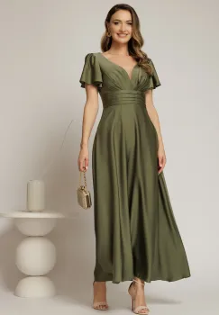 Rochie lunga kaki de ocazie cu decolteu adanc si maneci scurte evazate imagine