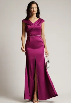 Rochie lunga magenta din tafta cu perle in talie si crapatura pe picior imagine