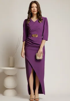 Rochie lunga mov de ocazie cu fronseuri si cordon cu catarama in talie imagine