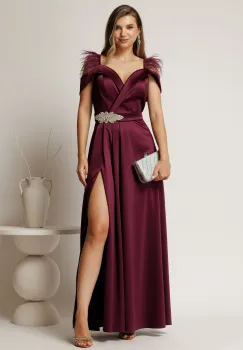 Rochie lunga mov din tafta cu accesoriu in talie si pene la umeri imagine