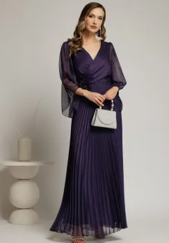 Rochie lunga mov eleganta de ocazie cu fusta plisata si floare in talie imagine